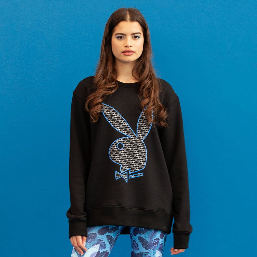 Playboy x Bustle | Millennial | Crewneck | Black w White Bustle Print + Blue Rabbit Head Outline - bustleclothing.shop