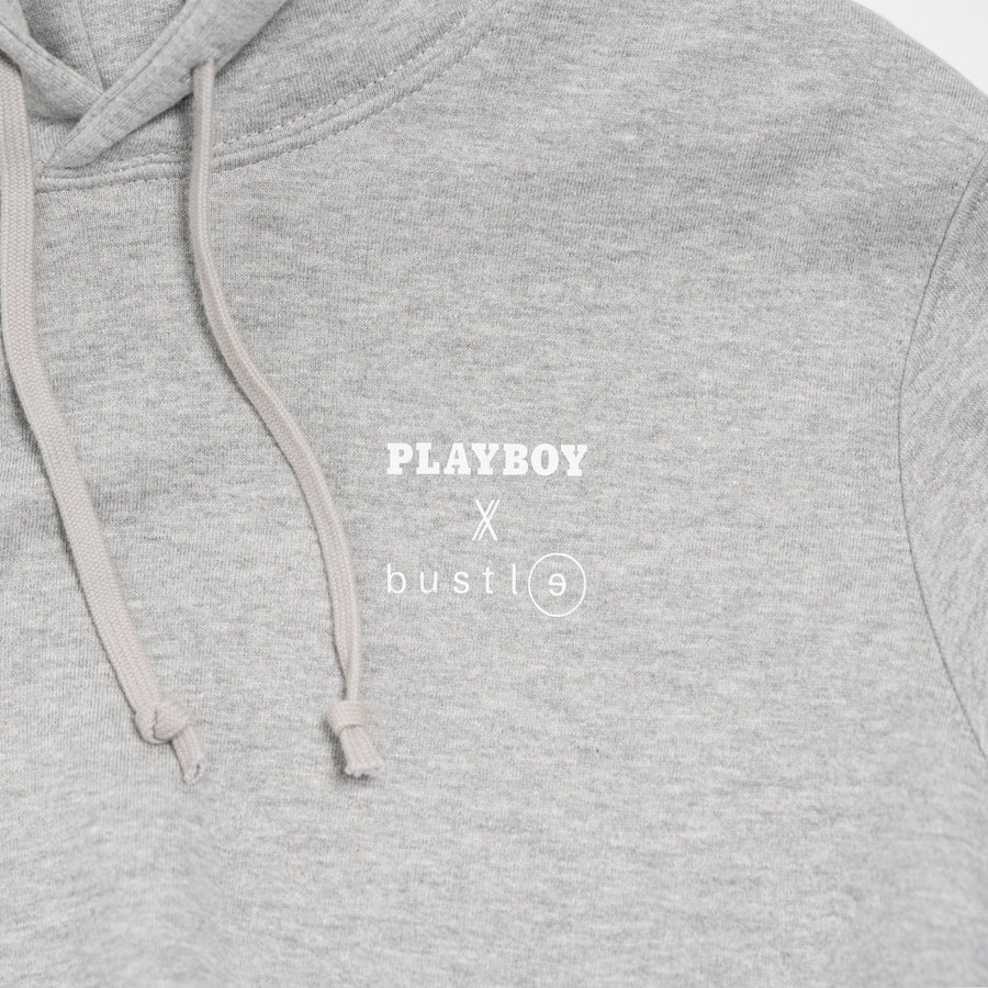 Playboy x Bustle | Millennial | Cropped Hoodie | Grey w Blue Rabbit Head Tape - bustleclothing.shop