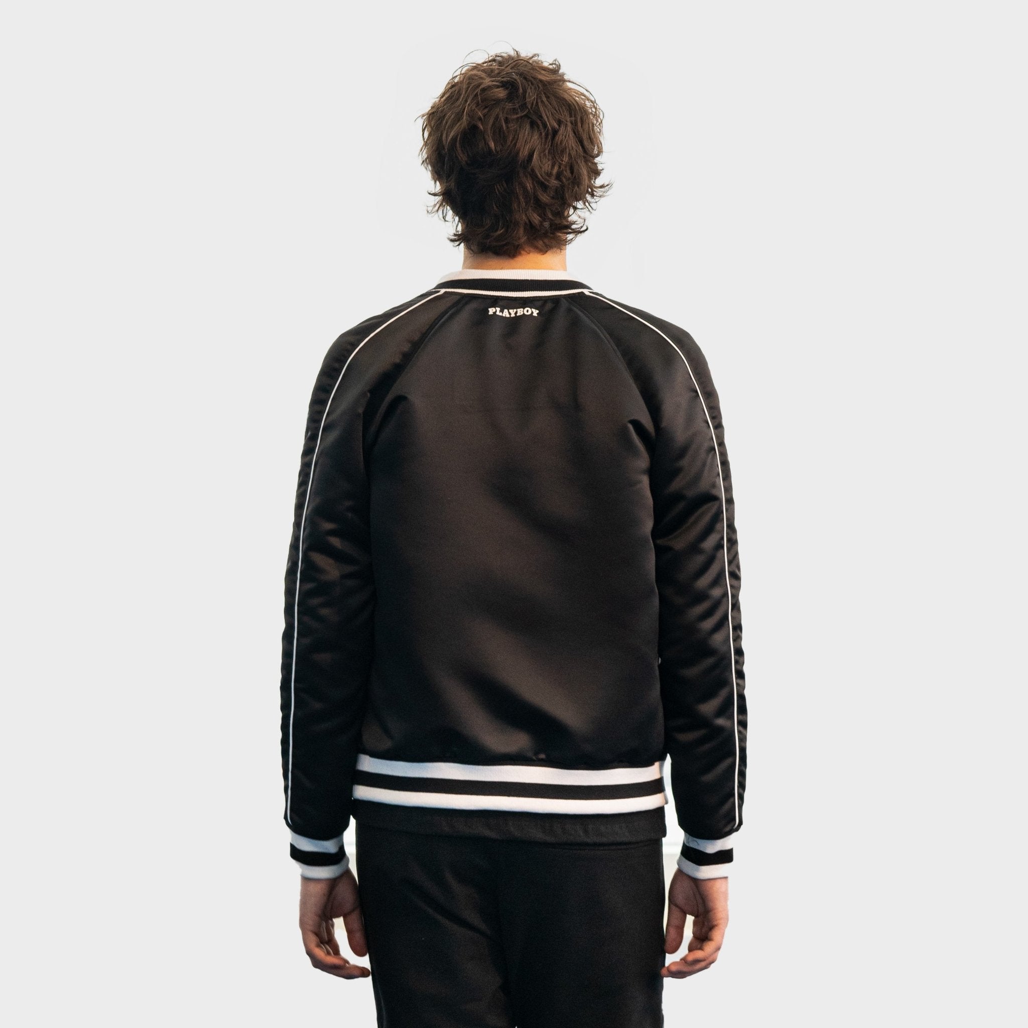 Satin bomber jacket in black w/ white trim – bustleclothing.shop