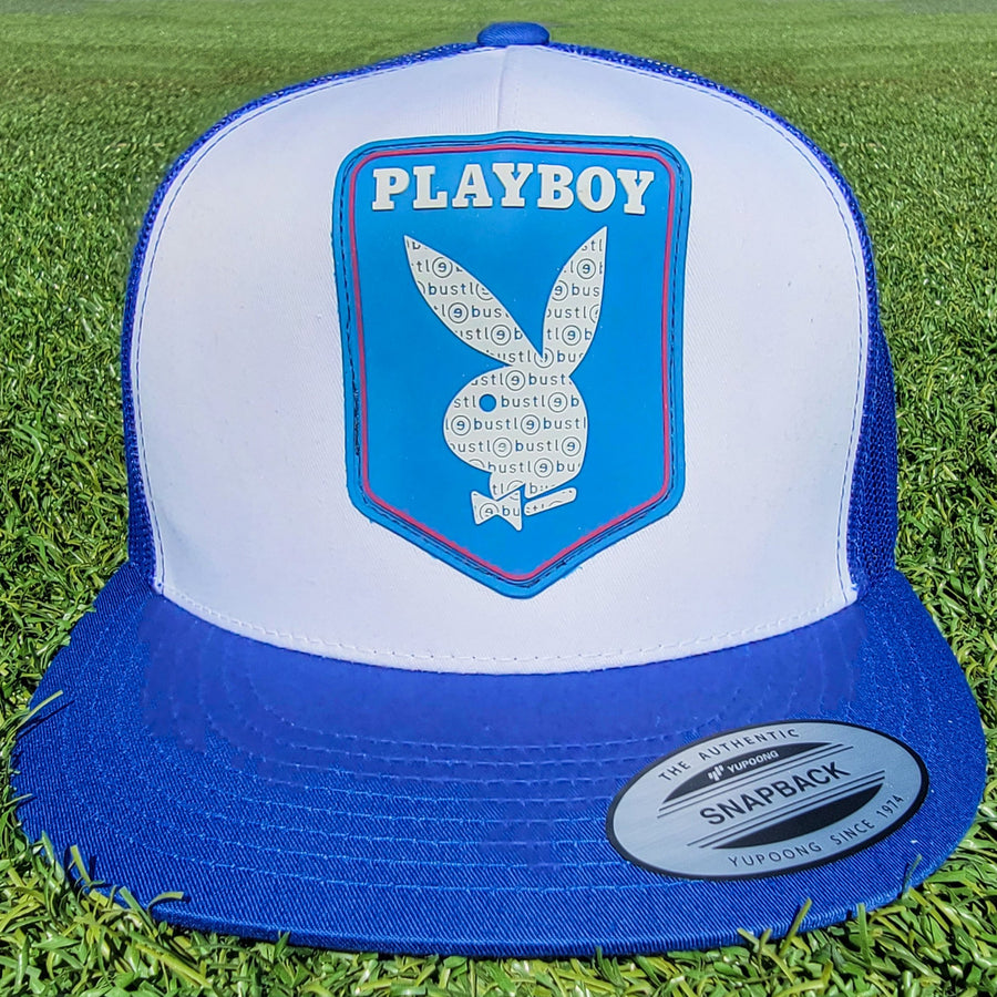 Snapback cap in white w/ sky blue mesh and brim, PVC crest - bustleclothing.shop