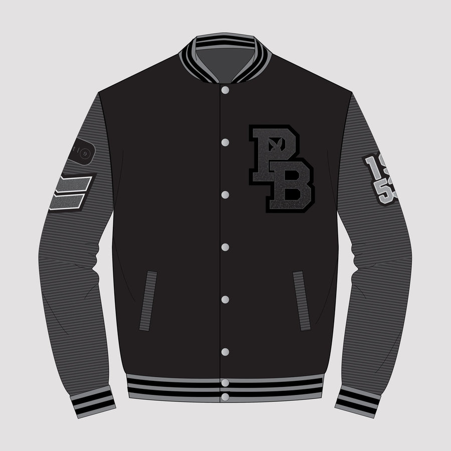 Playboy x Bustle | Collegiate | Letterman Varsity Jacket | Black + Black Quilted Sleeves - bustleclothing.shop