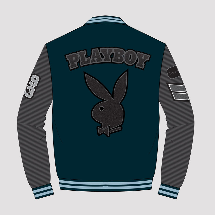 Playboy x Bustle | Collegiate | Letterman Varsity Jacket | Dark Teal + Black Quilted Sleeves - bustleclothing.shop