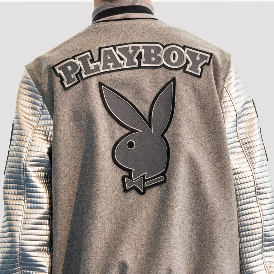 Playboy x Bustle | Collegiate | Letterman Varsity Jacket | Grey + Silver Quilted Sleeves - bustleclothing.shop