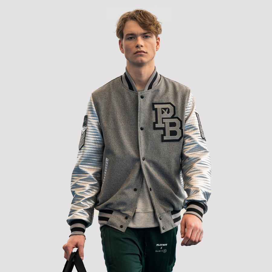 Playboy x Bustle | Collegiate | Letterman Varsity Jacket | Grey + Silver Quilted Sleeves - bustleclothing.shop