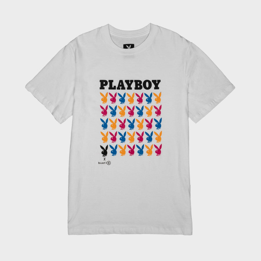 Playboy x Bustle | Heritage | Vintage Inspired T-Shirt | White w/ Repeating Rabbit Heads - bustleclothing.shop