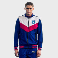 tain double push×playboy CHECK COAT Zip-front jacket in cobalt, off-white, and fuchsia
