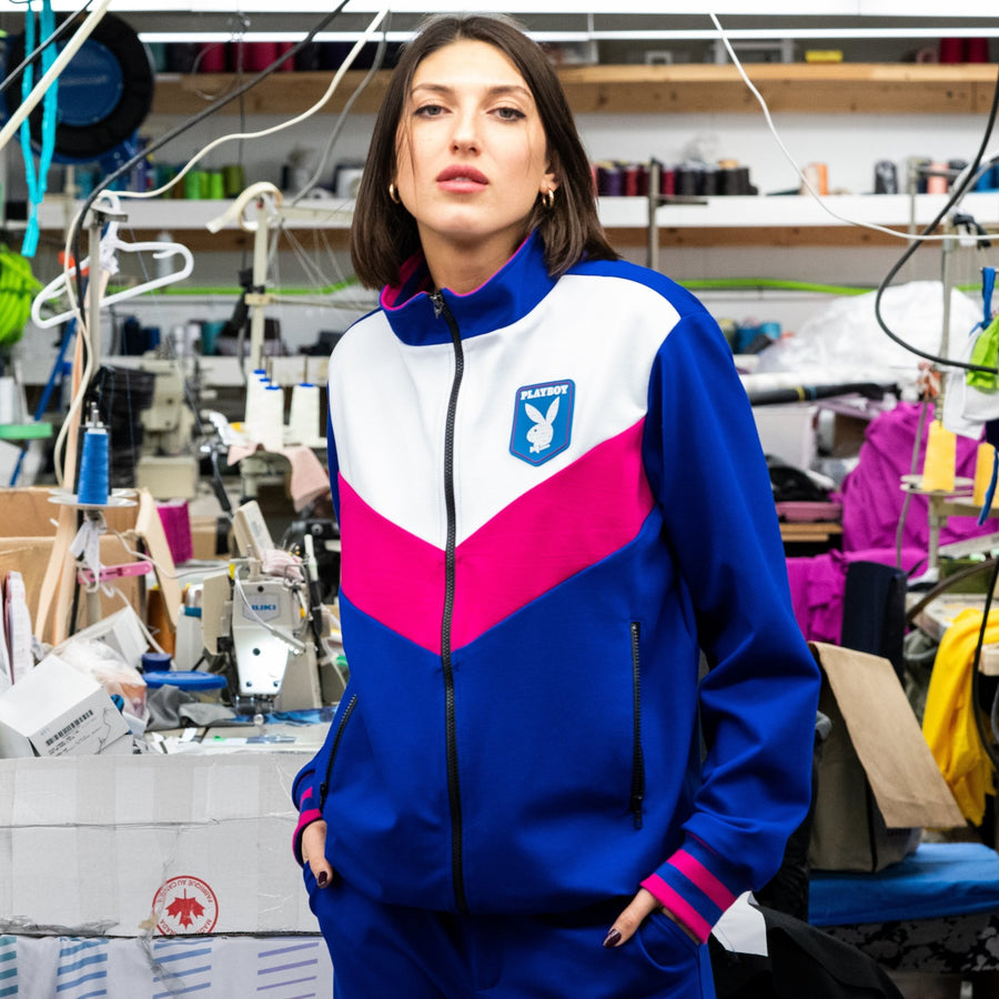 Playboy x Bustle | Heritage | Zip-Front Jacket | Cobalt + Off-White and Fuchsia - bustleclothing.shop