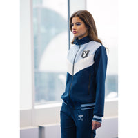 Zip-front jacket in dark teal, off-white, and dusty blue