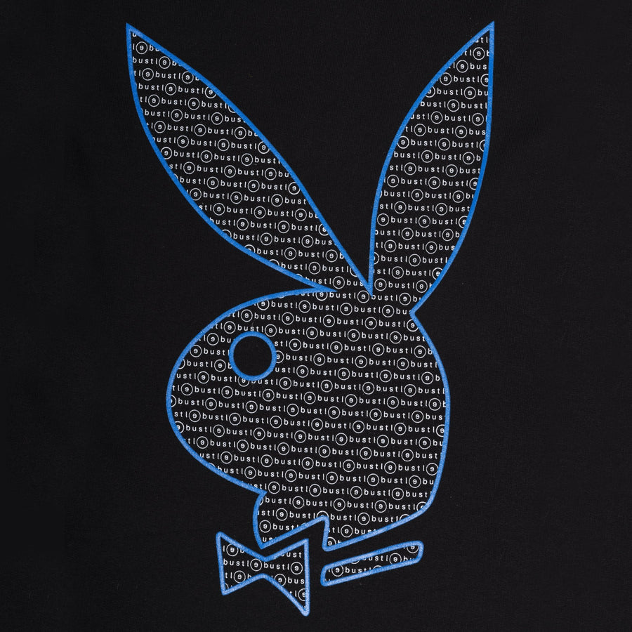 Playboy x Bustle | Millennial | Crewneck | Black w White Bustle Print + Blue Rabbit Head Outline - bustleclothing.shop