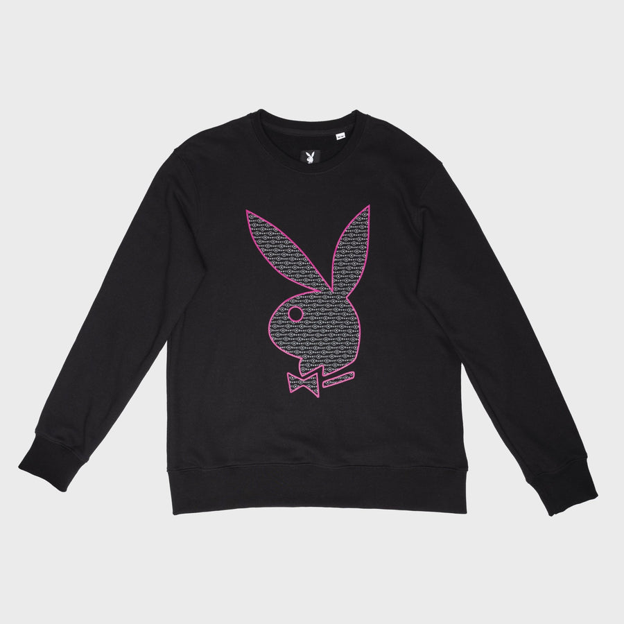 Playboy x Bustle | Millennial | Crewneck | Black w White Bustle Print + Pink Rabbit Head Outline - bustleclothing.shop