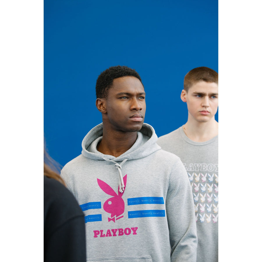 Playboy x Bustle | Streetwear | Hoodie | Grey w Fuchsia Rabbit Head + Blue Stripes - bustleclothing.shop