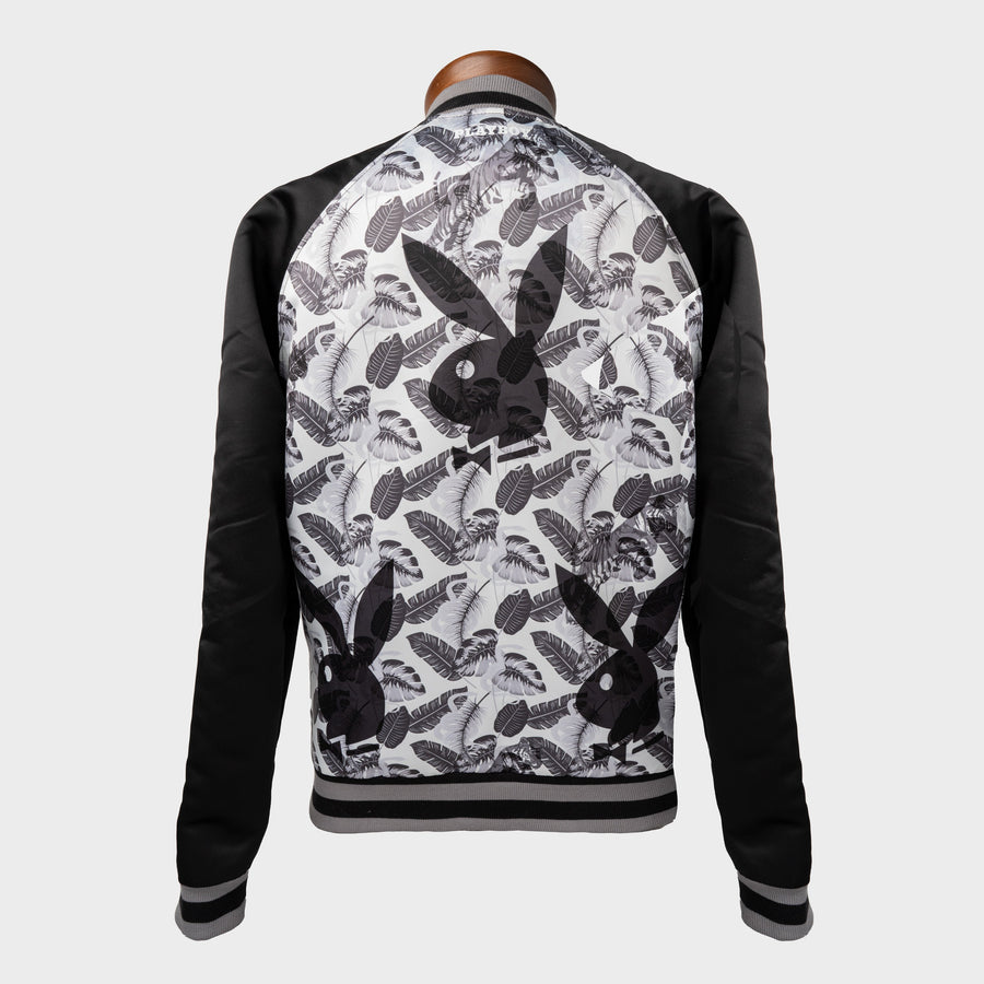 Satin Bomber Jacket | Greyscale Print Satin + White Contrast - bustleclothing.shop