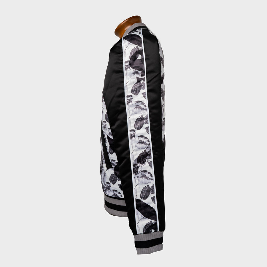 Satin Bomber Jacket | Greyscale Print Satin + White Contrast - bustleclothing.shop