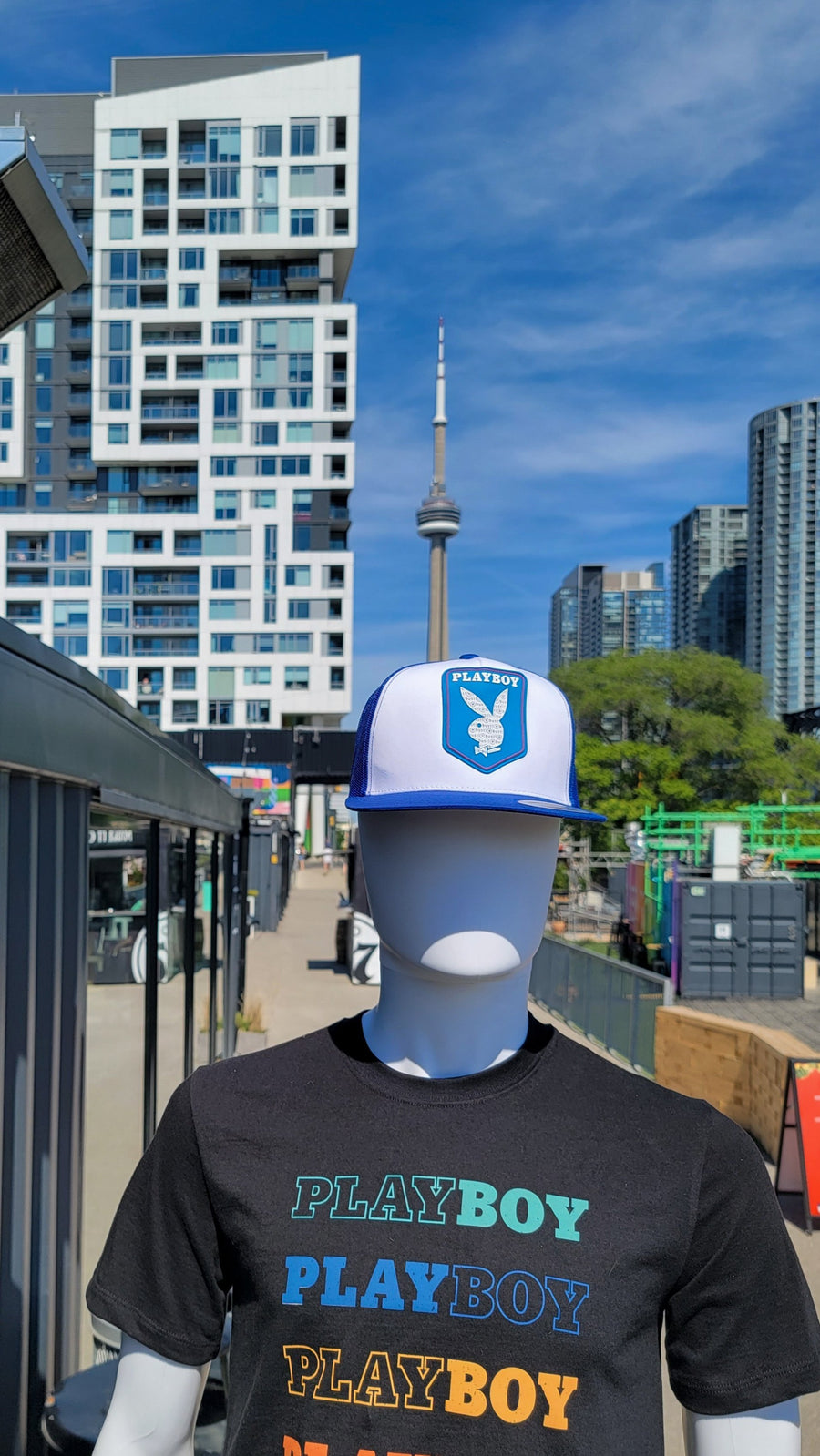 Snapback cap in white w/ sky blue mesh and brim, PVC crest - bustleclothing.shop